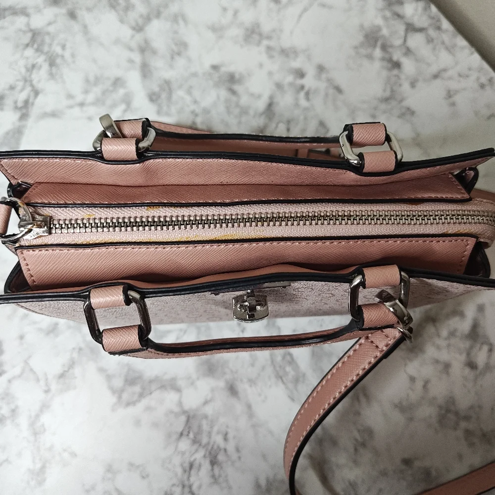 Guess Meera Satchel Handbag Light Rose Pink Monogram
